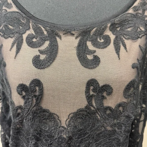 NIC+ZOE Black Lace Sheer Floral Mesh Blouse Long Sleeve Romantic Top XL - Picture 3 of 10